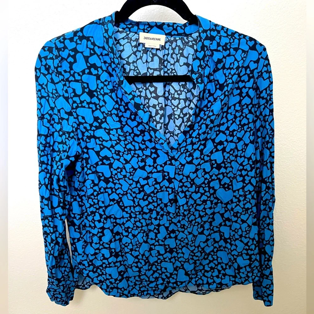 Zadig & Voltaire Blue Heart Print Button Down Shirt - Picture 2 of 4